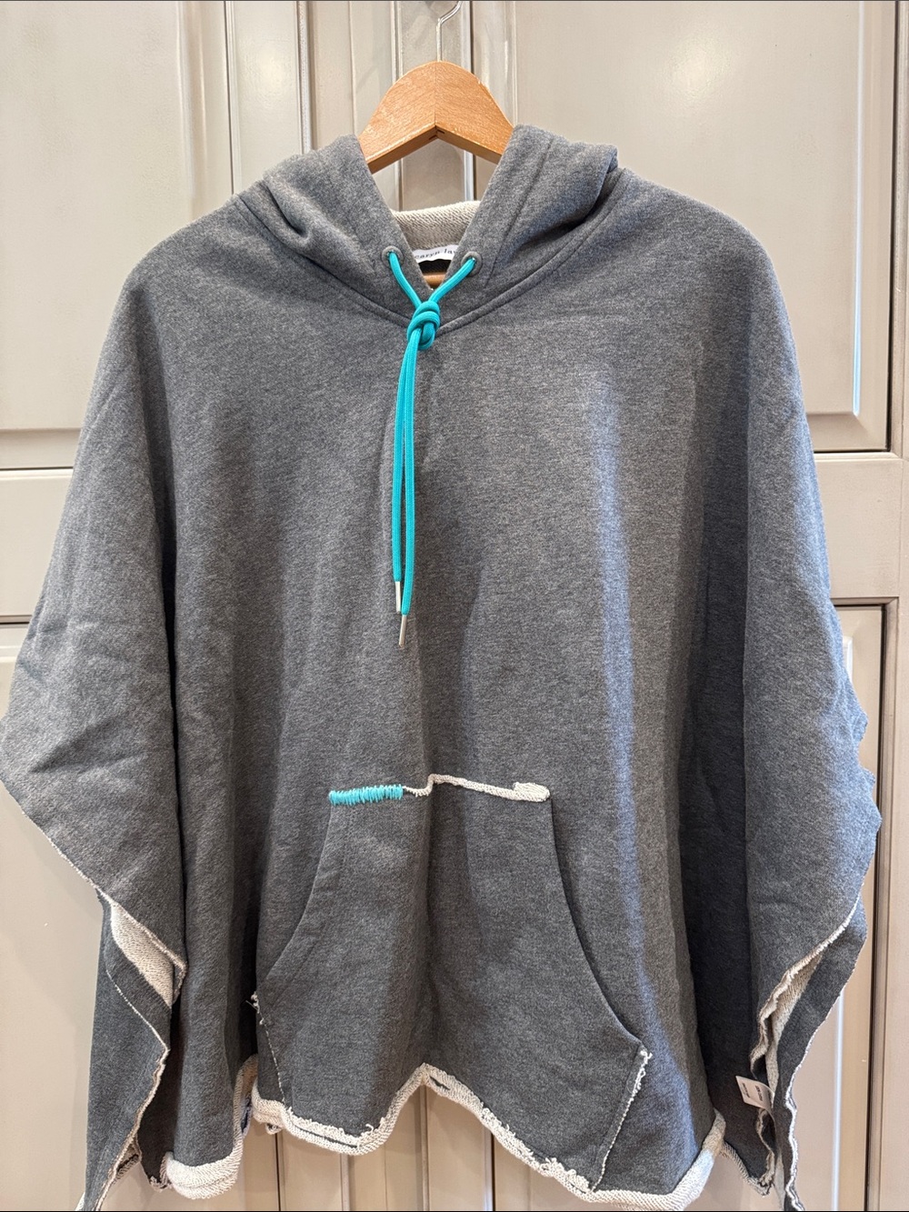 Caryn Lawn Gray Hooded Poncho Sweatshirt with Teal Drawcord & Stitching